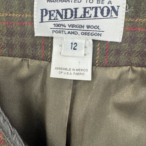 Pendleton Wool Green Plaid Lined Jacket Blazer Faux Leather Trim - 12 - Picture 4 of 9